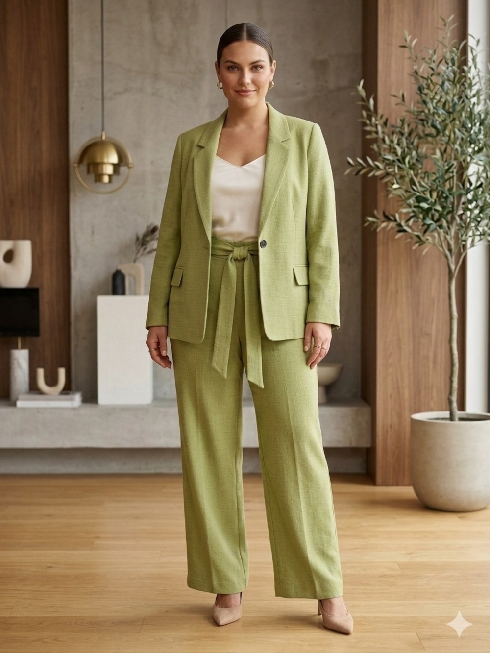 Tie-Waist Wide-Leg Suit Trousers in Lime Green